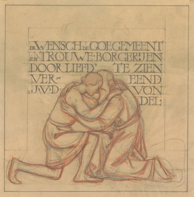 Antoon Derkinderen - Ontwerp voor wandschildering in de Beurs van Berlage; embleem met knielend paar in omhelzing en spreuk van Vondel