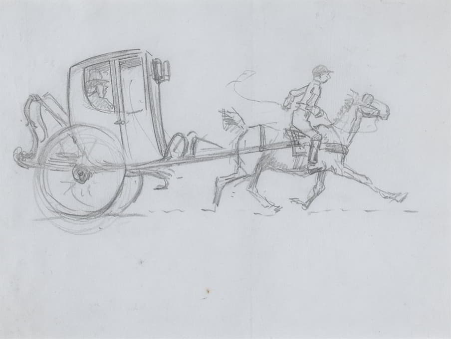 Hablot Knight Browne - A Man in an enclosed Carriage being pulled by a Horse with a Rider