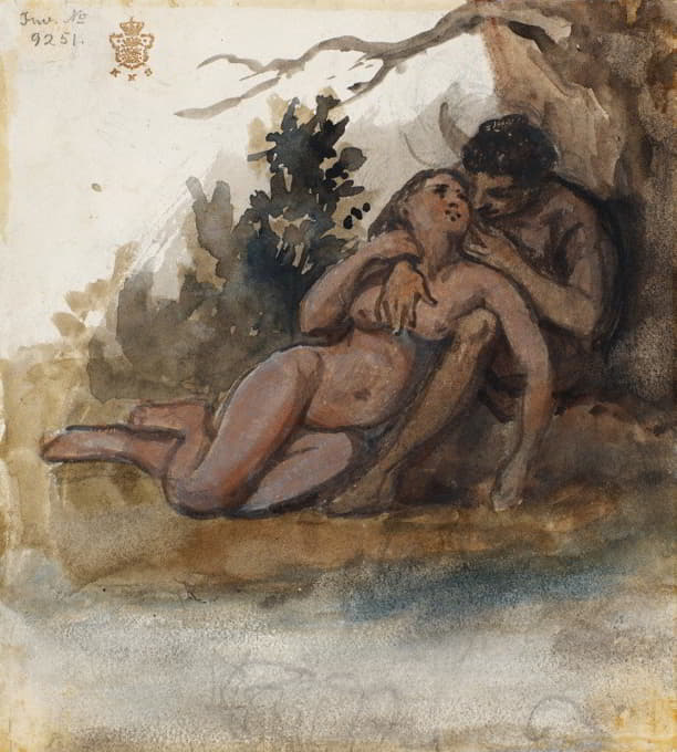 树旁的一对裸体夫妇