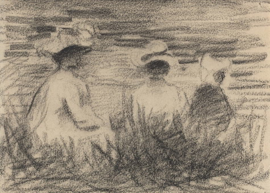 三个人坐在草地上，从后面看