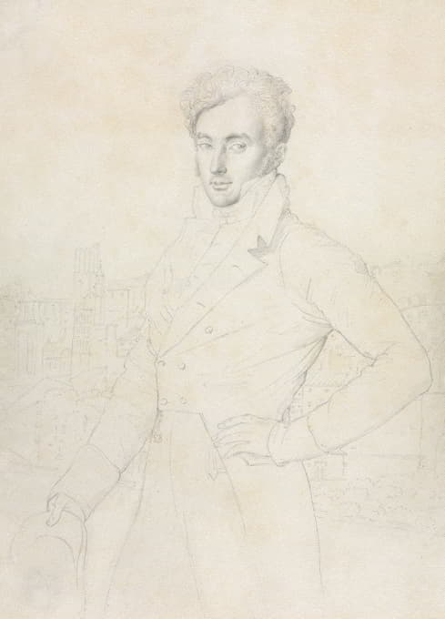一个年轻人站在基里纳尔河上的肖像，背景是图里斯·科米图姆（Turris Comitum）