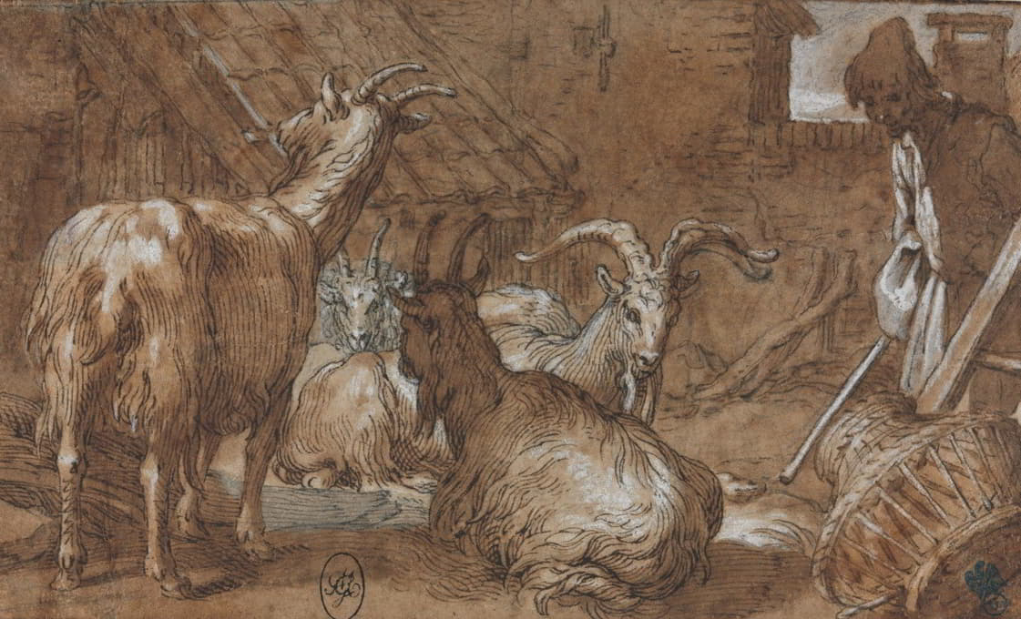 Abraham Bloemaert - A Barnyard with Goats and a Goatherd