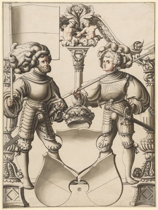 Carl Von Aegeri - Scheibenriss mit Fähnrich und Halbartier als Schildbegleiter und Standeswappen (Freiburg oder Solothurn)