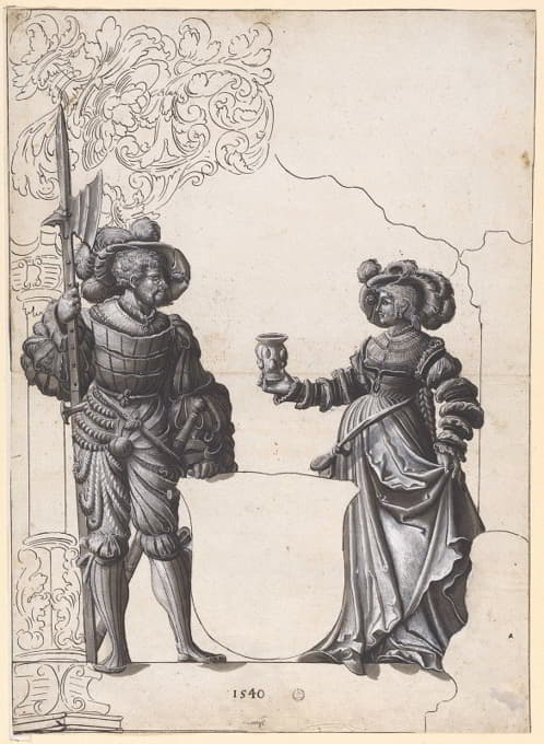 Hans Rudolf Manuel - Scheibenriss mit Frau, die einem Hellebardier den Willkommtrunk reicht, und leerem Wappenschild