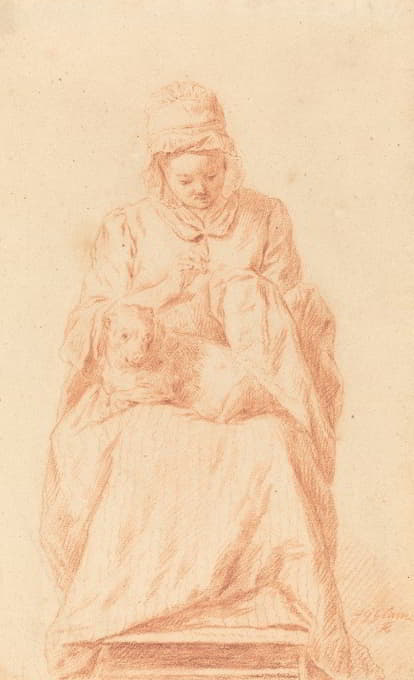 一个年轻的女人在缝衣服，她的腿上放着一条狗