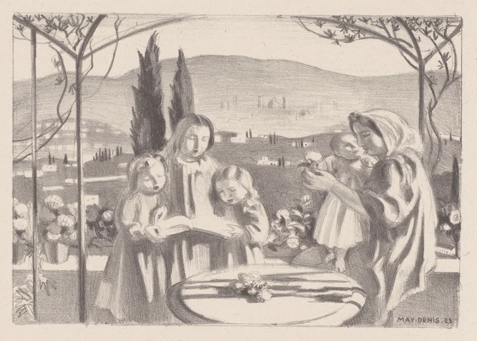 意大利风景画，有母亲、孩子和三个唱歌的女孩