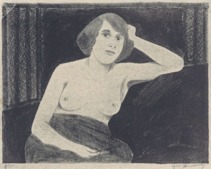 女性裸体，坐在沙发上，手对头