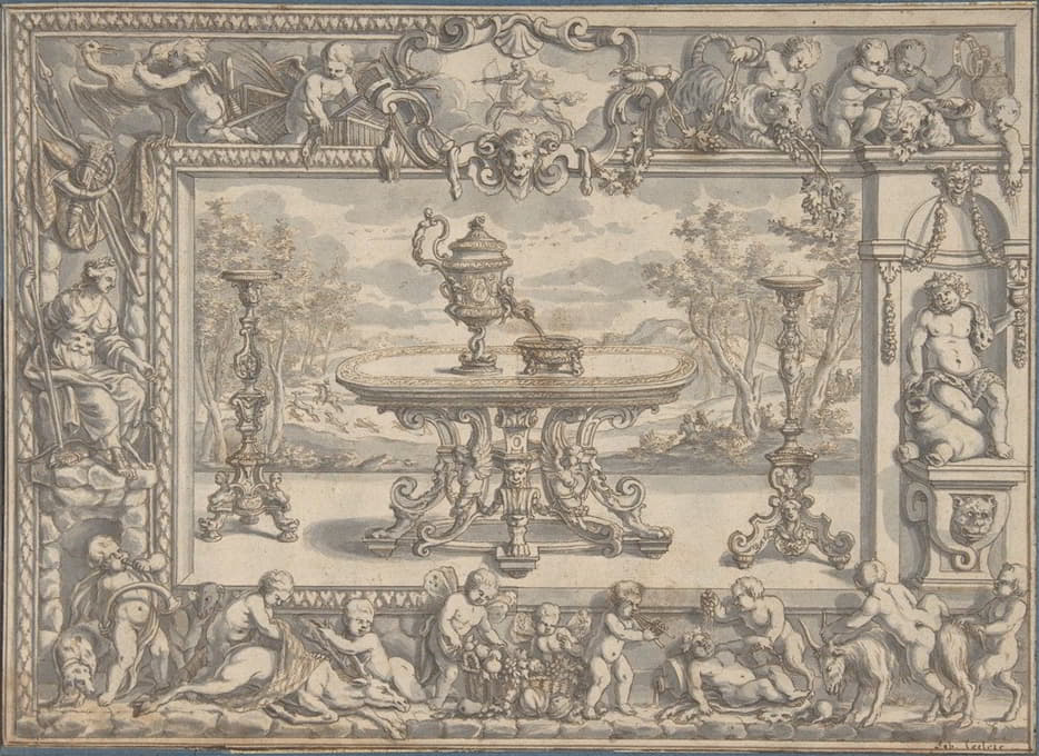 Abraham Drentwett the Elder - Design for an Ewer, table and candelabra within an ornamental frame