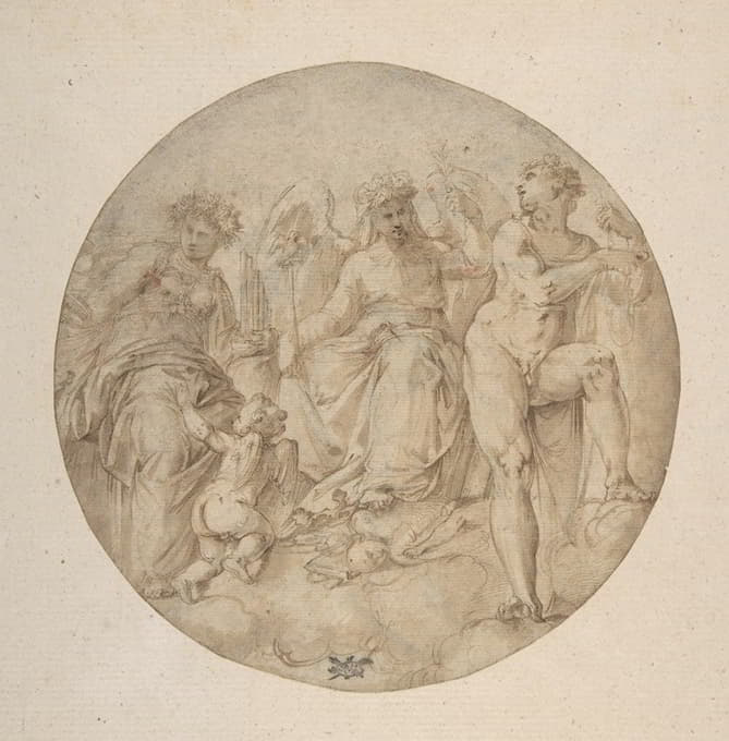 Battista Franco - Three Allegorical Figures in a Roundel