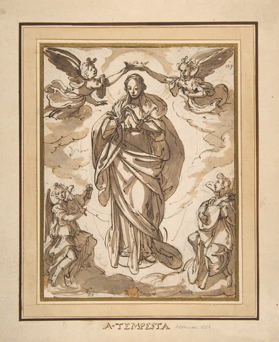 圣母无瑕，由两位天使加冕，前景是天使音乐家