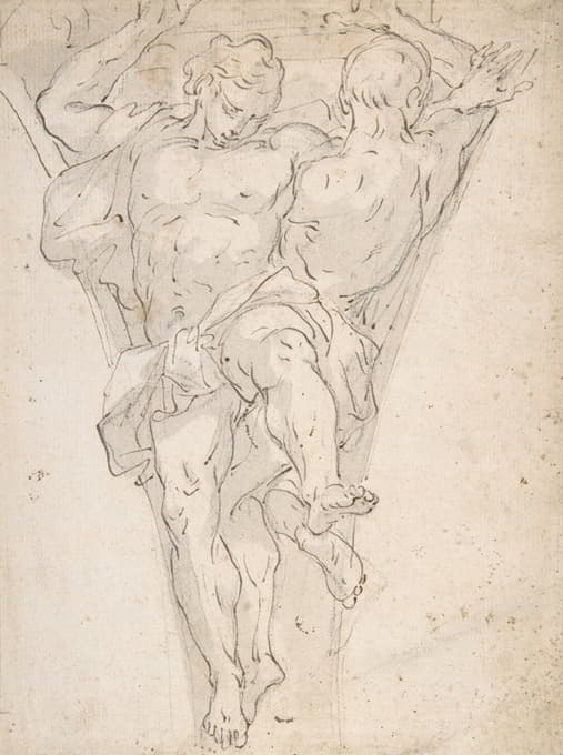 Giovanni Battista Carlone - Two Partially Draped Male Figures in a Pendentive