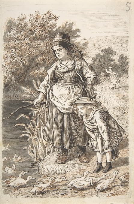 鸭池边的女人和孩子