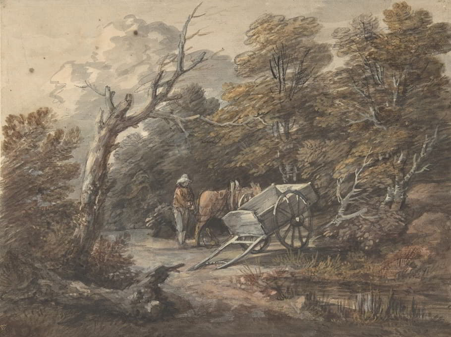 一个农民、一匹马和一辆手推车的林地场景