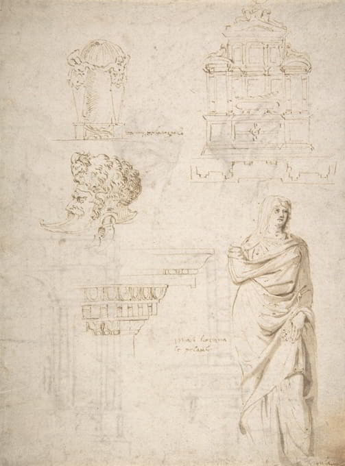 After Michelangelo Buonarroti - Sketches of a Funeral Monument, a Niche with Statues, a Helmet in the Shape of a Human Head, an Entablature and a Female Statue