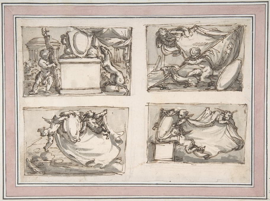 Carlo Marchionni - Four Sketches of Putti Hanging Coat of Arms