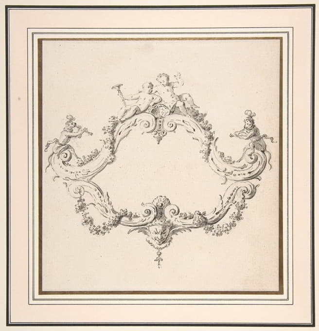 Clément Pierre Marillier - Design for a Rococo Cartouche with Putti and Monkeys