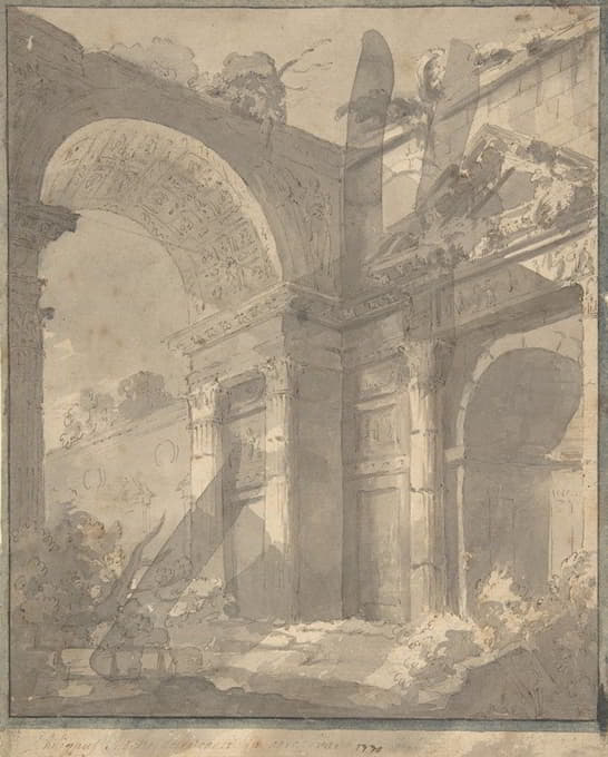 古罗马遗迹、拱门和三角形山形门廊的视图