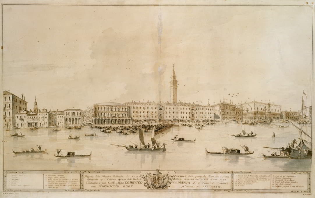 从Bacino di San Marco拍摄的威尼斯全景图，包括拟建的Teatro Manin项目