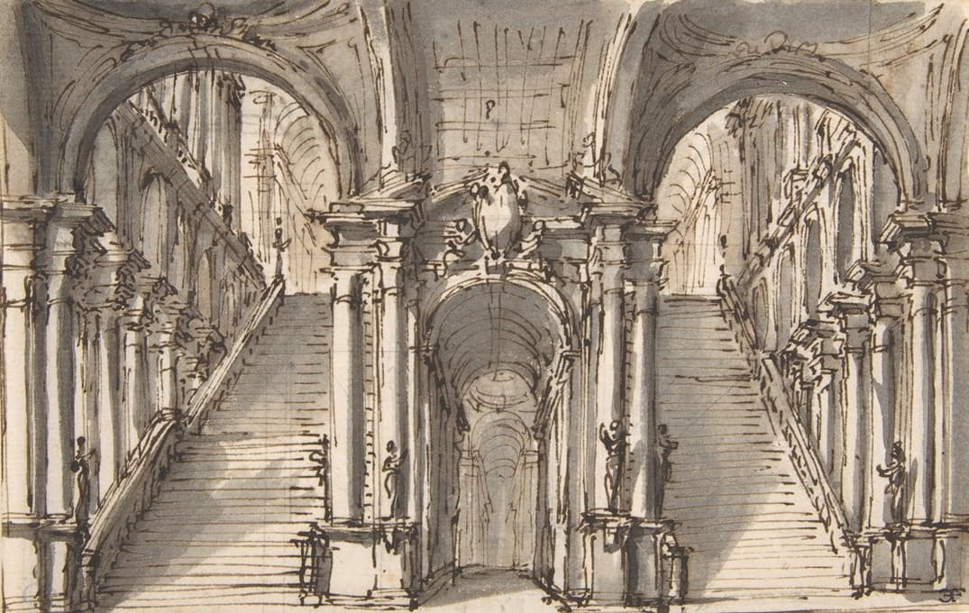 舞台布景设计；连拱廊穿过的双层楼梯