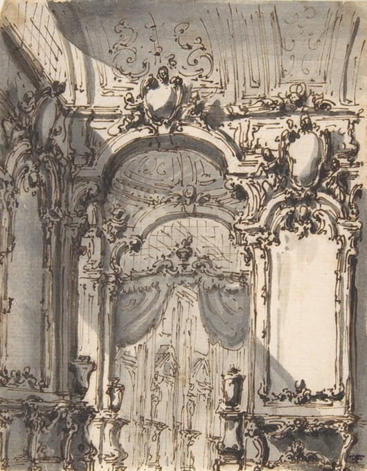 Giovanni Battista Natali III - Design for a Stage Set; Interior of a Palazzo Decorated with Large Mirrors and Console Tables
