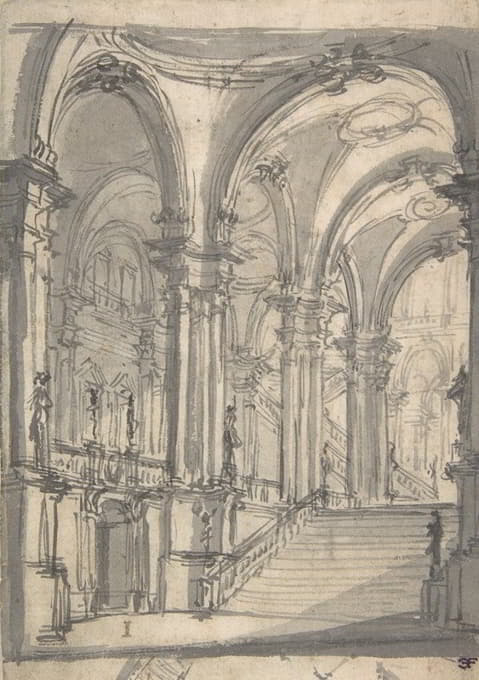 Giovanni Battista Natali III - Design for a Stage Sets Groin-vaulted Stairway Leading to a Gallery with Another Stairway to a Second Story at Left