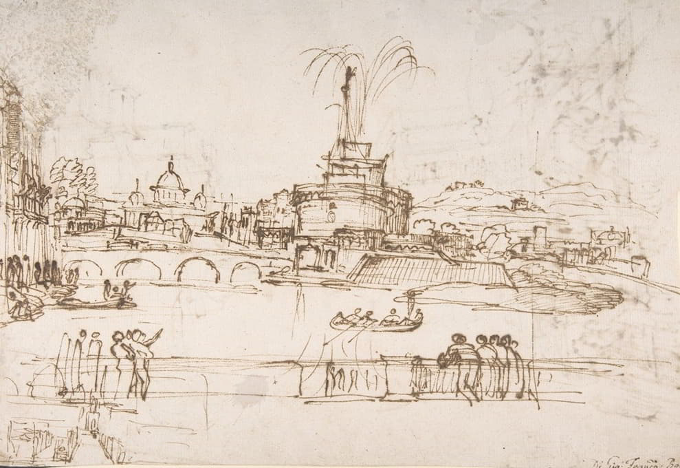 Giovanni Francesco Grimaldi - Figures Watching a Display of Fireworks at Castel Sant’Angelo, Rome