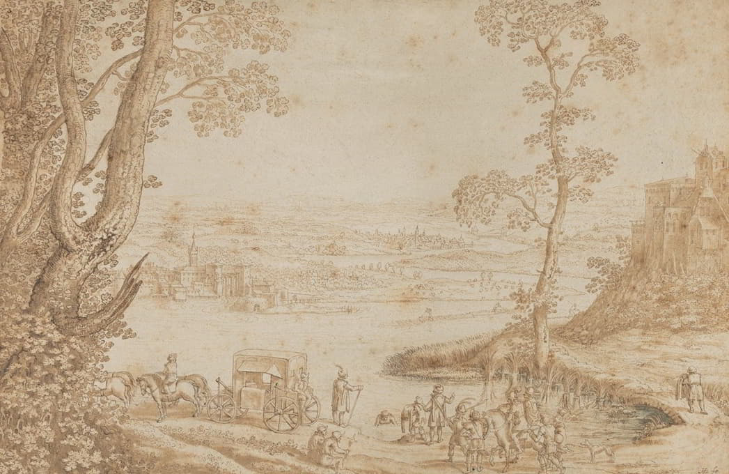Hendrik Hondius the Elder - A River Landscape with the Baptism of the Eunuch