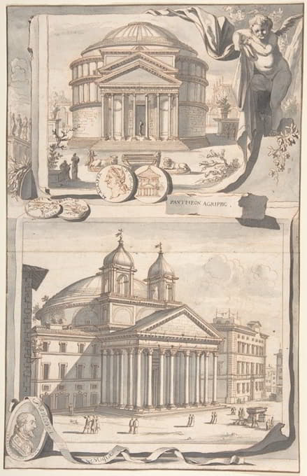 万神殿的重建图（上图）和1700年左右的外观图（下图）