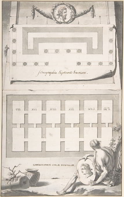 塞普蒂米乌斯·西弗勒斯拱门（上图）和库里亚·霍斯蒂利亚拱门（下图）的平面图（或平面图）
