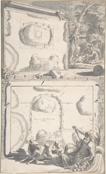 Jan Goeree - Two Maps of Ancient Rome with a River God and Romulus and Remus
