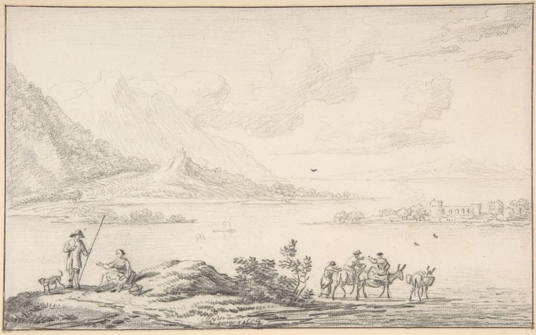 Jan van der Meer the Younger - Landscape with mountains and a lake, figures in the foreground