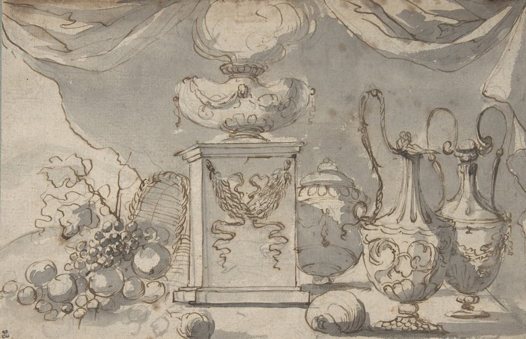 Jean-Jacques Lagrenée - Still Life; Vases, a Cassolette on a Pedestal, and an Overturned Basket of Fruit