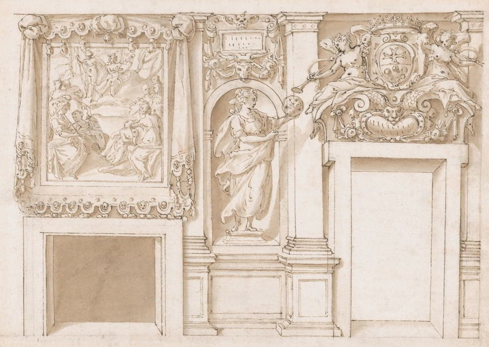 Marco Marchetti - Design for a Wall Decoration with Apollo and the Muses, a Figure of Astronomy, and the Coat-of-Arms of a Grand Duke of Tuscany as Grand Master of the Order of Santo Stefano