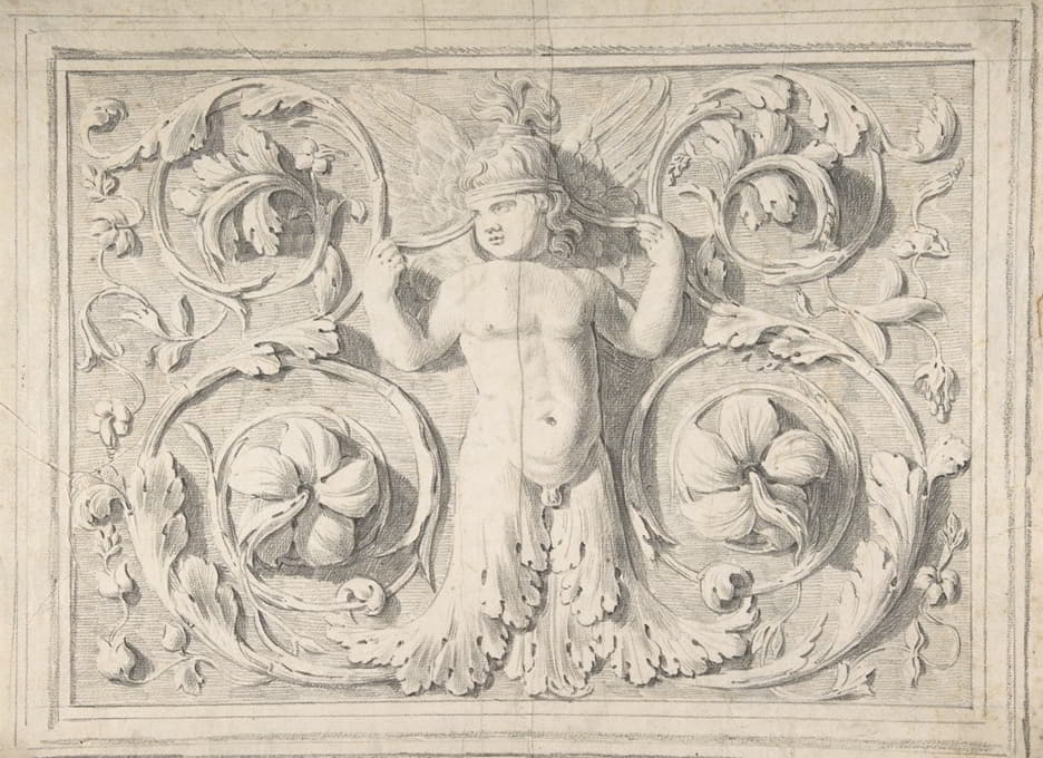 Thomas Hardwick - Antique Roman Sculpture with Nude Winged Boy at the Center and Leaves and Vines