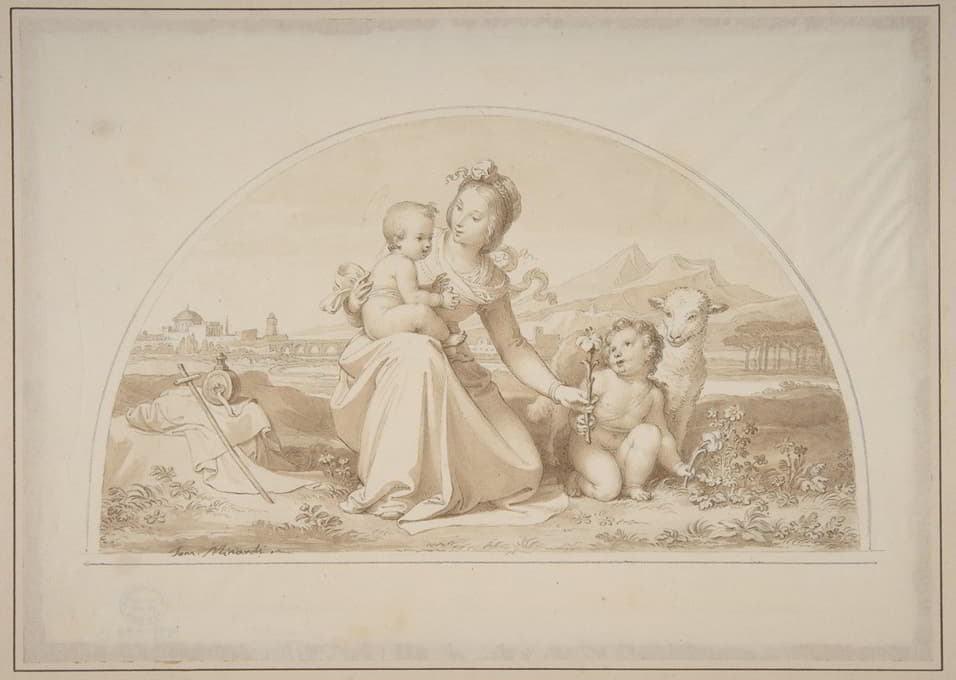 一幅风景画中的圣母和孩子，还有婴儿施洗约翰和一只羔羊