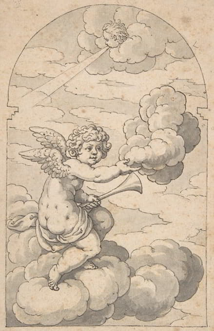 Crispijn de Passe the Elder - Putto Holding a Cloud and Horn