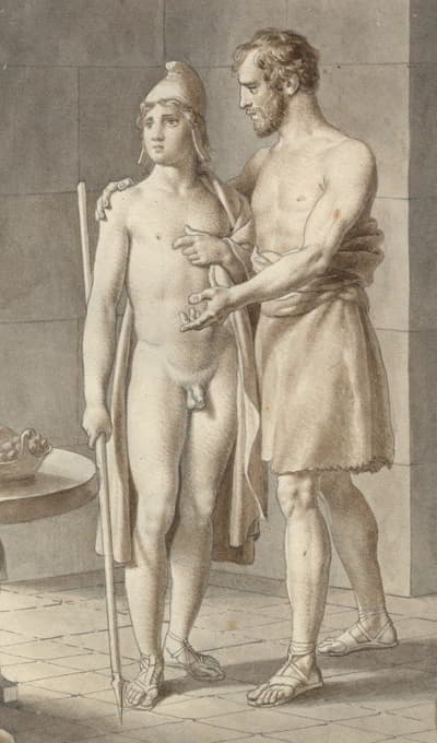 泰勒马科斯和牧羊人欧马约·奥德修斯相遇，奥德修斯打扮成乞丐；整个作品的片断。