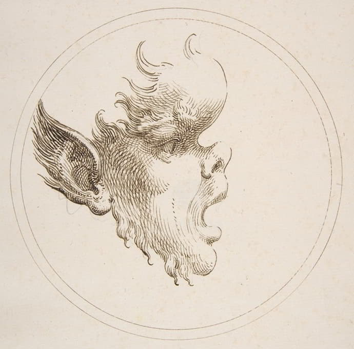 Gaetano Piccini - Grotesque Head With a Bulging Forehead Looking to the Right Within a Circle