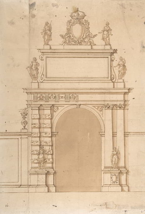 米兰提契内塞门凯旋门的设计，带有哈布斯堡皇室的臂膀和寓意人物