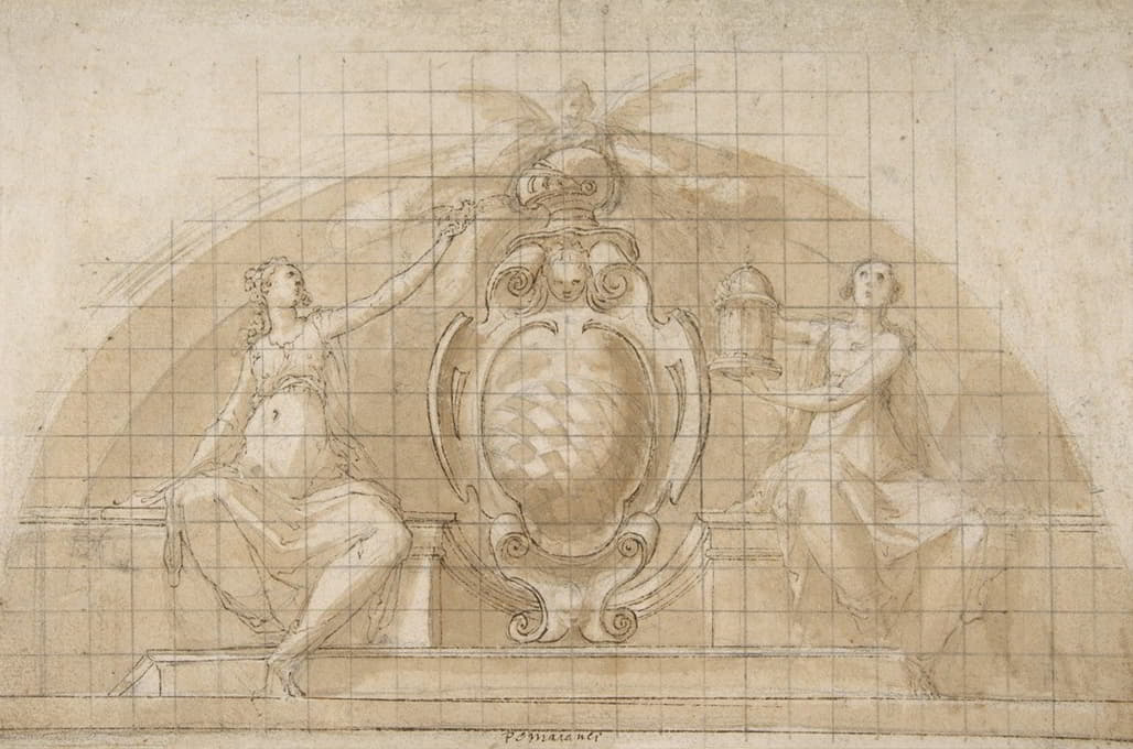 Cristoforo Roncalli - Design for a Lunette Decoration; Coat of Arms Flanked by Seated Allegorical Figures