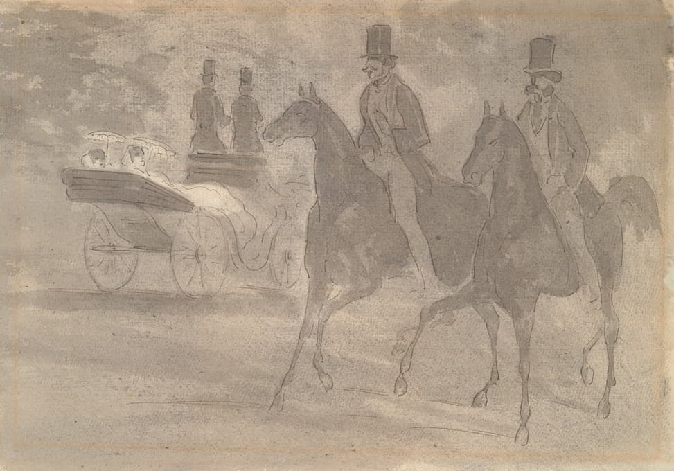 Constantin Guys - Horse-Drawn Carriages Riding in a Park