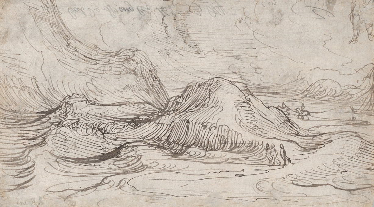 Cornelis Claesz. van Wieringen - A Mountainous Landscape near a River with a Horse-Drawn Barge and Several Figures