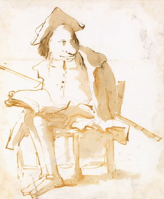 一个坐着的男人拿着一本书和一根手杖的漫画