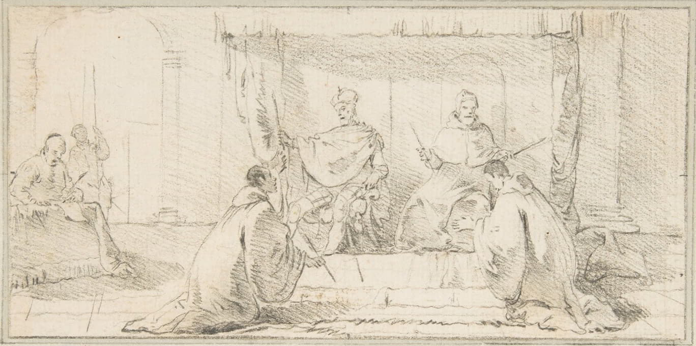 两位僧侣跪在一位多格和一位皇帝面前（多格·齐亚尼和巴巴罗萨皇帝）