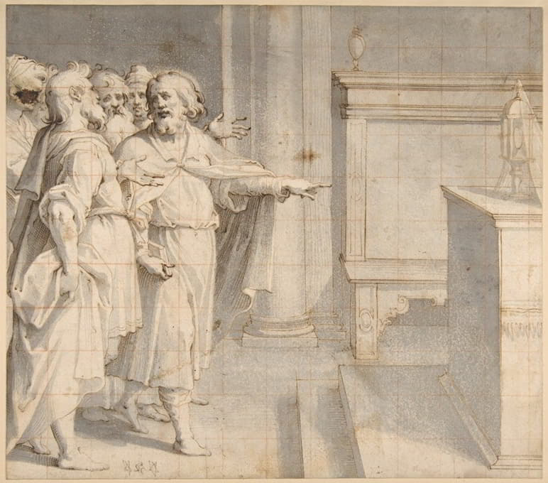 一个男性圣徒，后面跟着一群男人，指着祭坛上的一个怪物