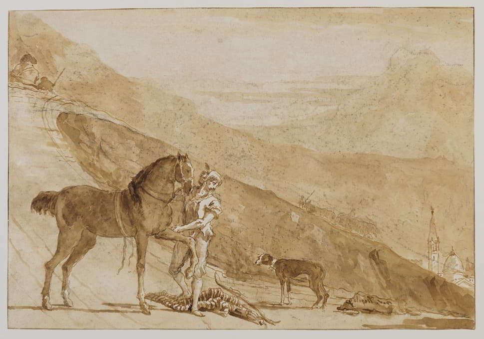一匹马被一页纸牵着的风景画