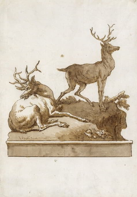 Giovanni Domenico Tiepolo - Two Stags, One Standing and One Lying, on a Grassy Knoll (with a Base)