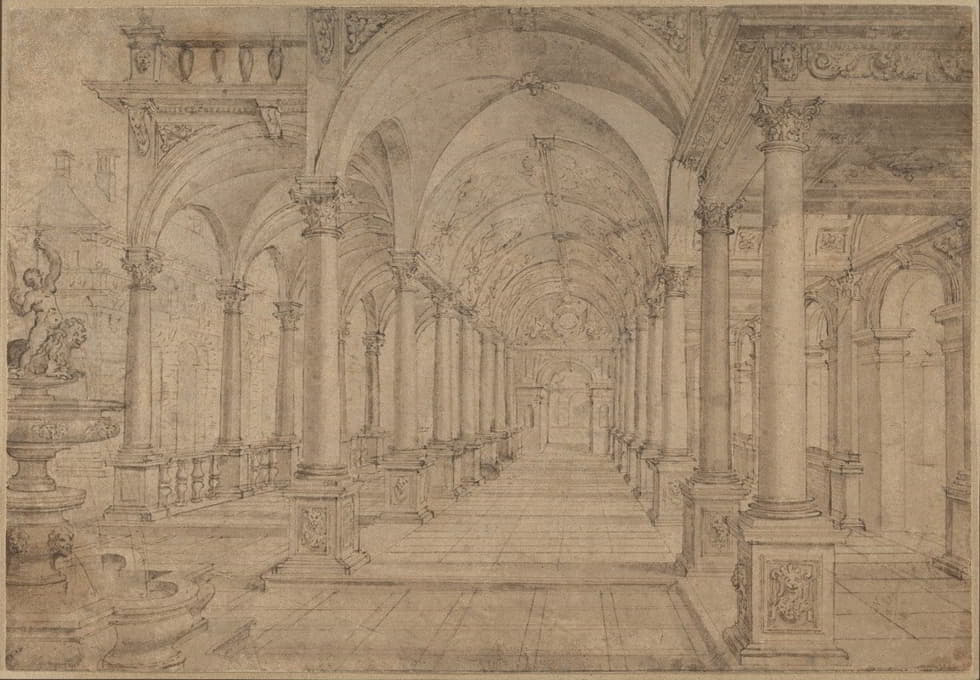 Hans Vredeman de Vries - Architectural Capriccio with an Arcade and Fountain in Point Perspective [Study for a Painting of John the Baptist before Herod]
