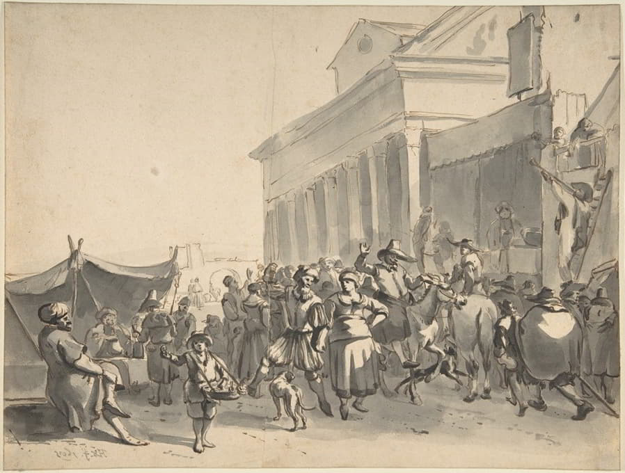 Hendrick Verschuring - An Italian City with a Crowd Watching Actors in an Outdoor Theater