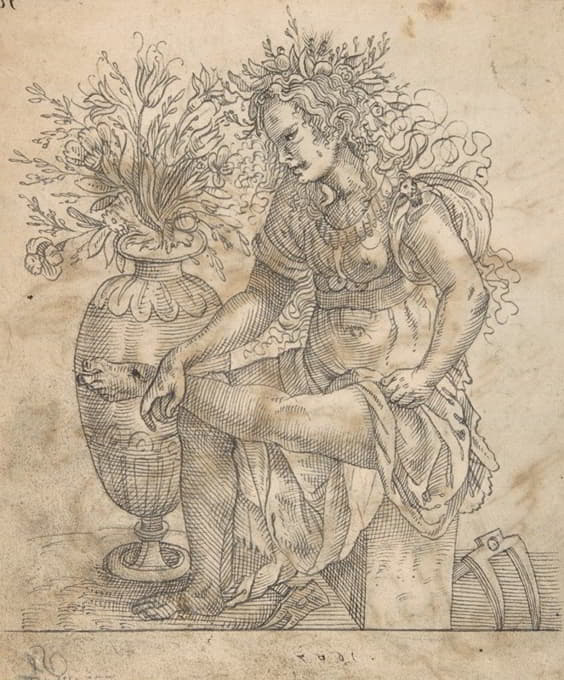 弗洛拉坐在一个花瓶旁边，两个哈克在地上，紧跟着约斯特·安曼